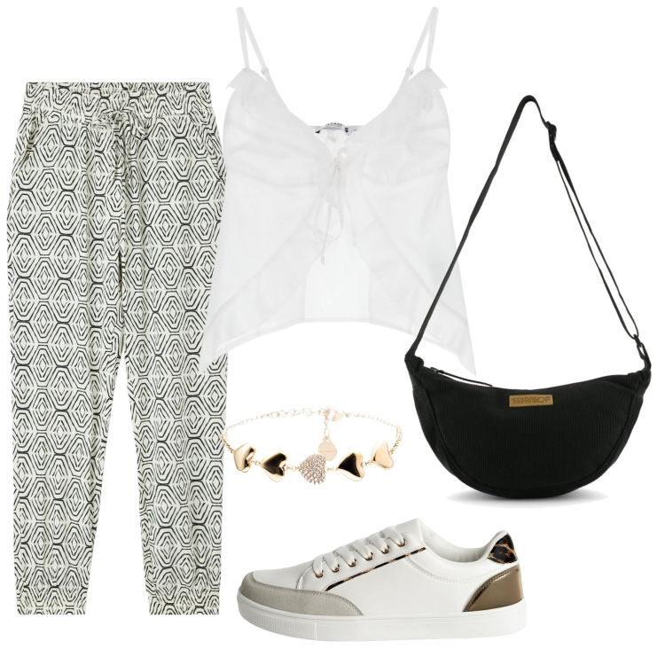 Outfit donna - Una bella giornata. Stile Casual per Tutti i giorni. Abbinamento con sneakers, pantaloni, top, braccialetti, borse a tracolla.