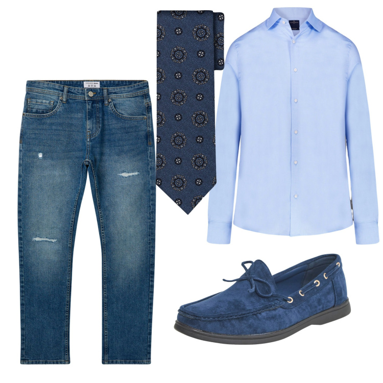 Outfit uomo - Jeans e camicia. Stile Business/Elegante per Ufficio. Abbinamento con scarpe stringate, jeans strappati, camicie, cravatte.