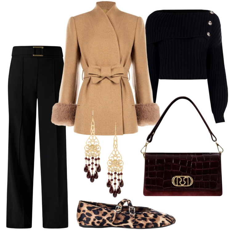 Outfit donna - Rinascimento Fw26-il cappotto cammello. Stile Chic per Serata fuori. Abbinamento con cappotti, maglieria, pantaloni, ballerine, borse a mano, orecchini.