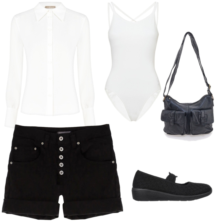 Outfit donna - Camicia e shorts. Stile Casual per Tutti i giorni. Abbinamento con camicie, shorts, body, ballerine, borse a tracolla.