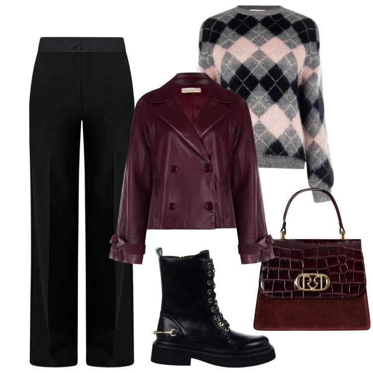 Outfit donna - Rinascimento fw26. Stile Casual chic per Ufficio. Abbinamento con giacche, maglieria, pantaloni a palazzo, borse a mano, anfibi.
