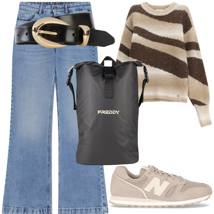Outfit donna - Inizia la scuola. Stile Urban per Scuola/Università. Abbinamento con cinture, pullovers, jeans, borse sportive, sneakers.
