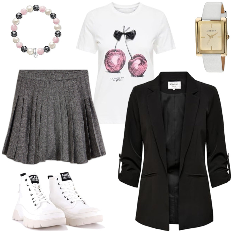 Outfit femme - Valentine. Style Romantique pour Soirée dehors. Assortir avec minijupes, blazers, montres, bracelets avec cabochons, hauts, bottines.
