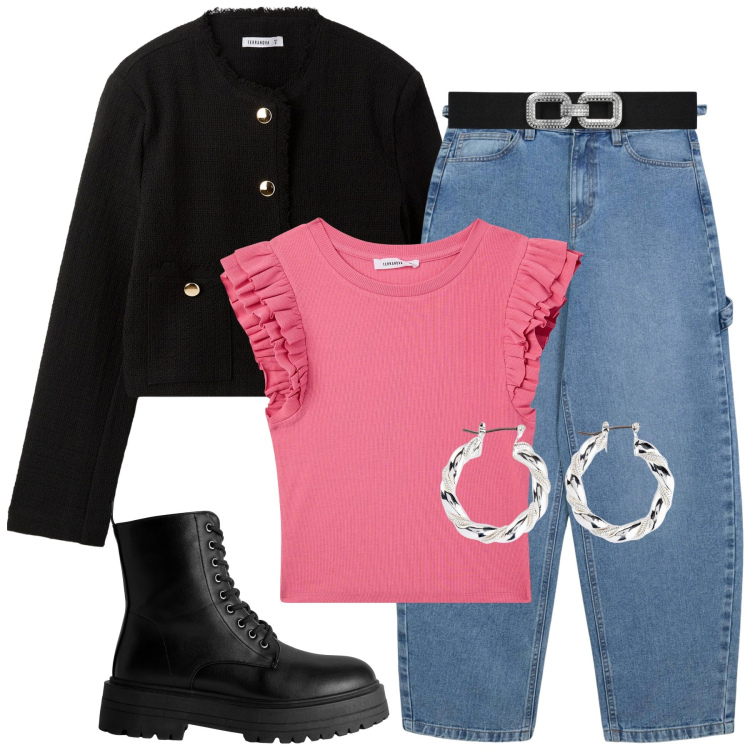 Outfit donna - Autunno in libertà. Stile Casual per Scuola/Università. Abbinamento con orecchini, jeans, cinture, t-shirt, blazer, anfibi.