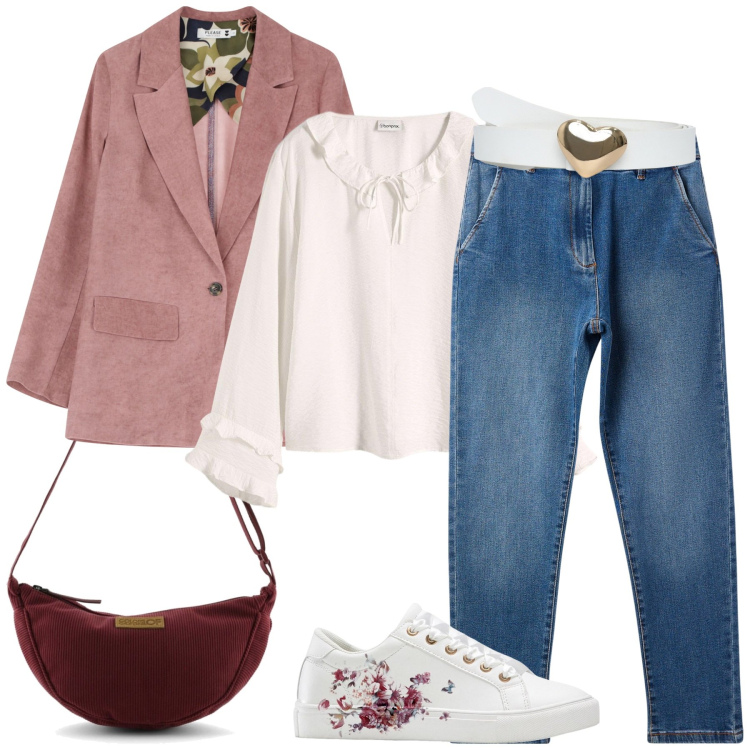 Outfit donna - Blazer Season. Stile Casual chic per Scuola/Università. Abbinamento con sneakers, bluse, cinture, jeans skinny, blazer, borse a tracolla.