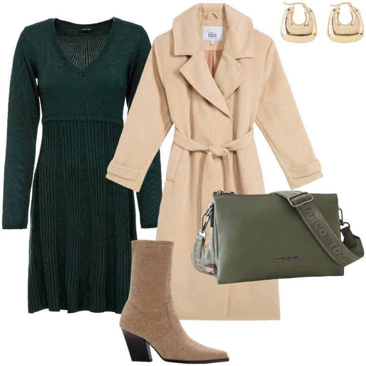 Outfit donna - Verde bosco. Stile Casual chic per Tutti i giorni. Abbinamento con vestiti, cappotti, stivaletti, orecchini, borse a tracolla.