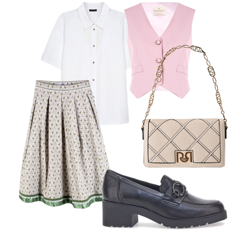 Outfit donna - Arriva la prof. Stile Casual chic per Tutti i giorni. Abbinamento con gonne longuette, borse a tracolla, gilet, mocassini, camicie a manica corta.