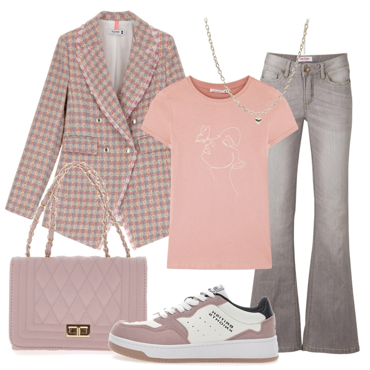 Outfit donna - Delicata eleganza. Stile Casual chic per Tutti i giorni. Abbinamento con jeans bootcut, collane, t-shirt, blazer, sneakers, borse a tracolla.