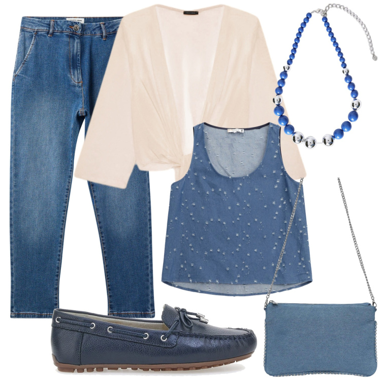 Outfit donna - Il jeans. Stile Casual per Tutti i giorni. Abbinamento con borse a tracolla, jeans skinny, top, mocassini, collane, blazer.