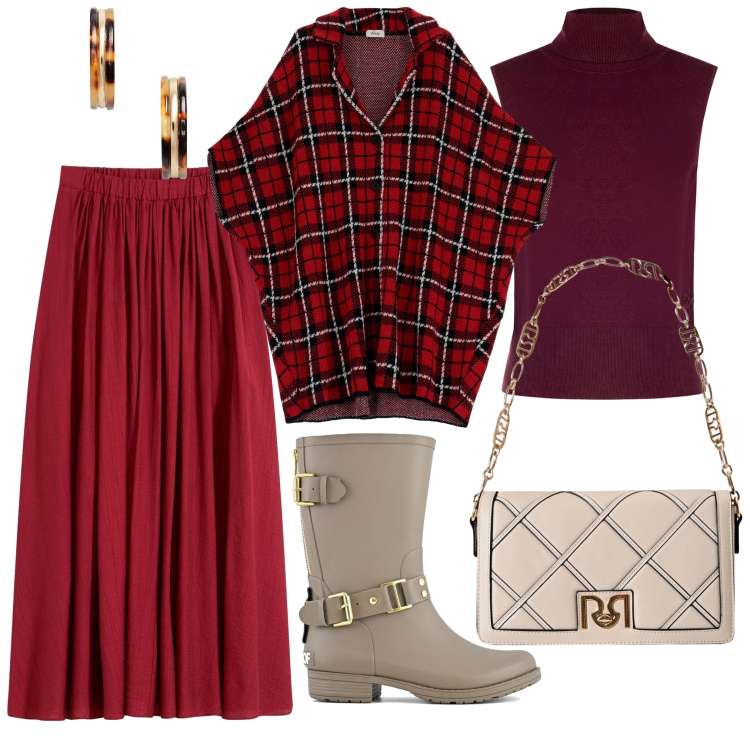 Outfit donna - Nuove tendenze: il ritorno del tartan. Stile Trendy per Tutti i giorni. Abbinamento con gonne lunghe, top, borse a tracolla, trench, orecchini, stivali.