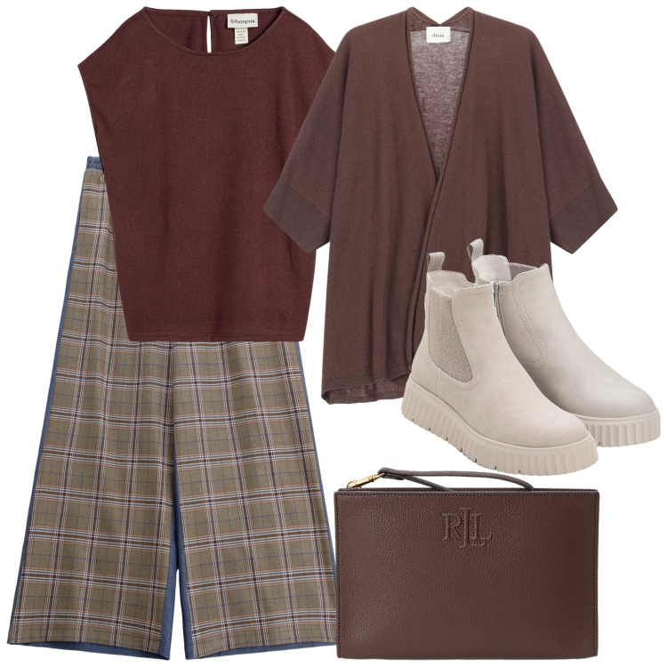 Outfit donna - Nuove tendenze: il ritorno del tartan 2. Stile Trendy per Tutti i giorni. Abbinamento con maglieria, stivaletti, pantaloni a palazzo, cardigans, pochette.
