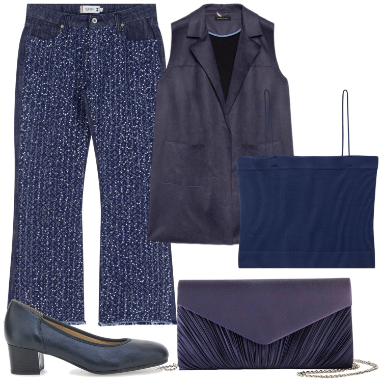 Outfit donna - Dark blu. Stile Casual per Tutti i giorni. Abbinamento con pochette, canottiere, jeans, décolleté, gilet.