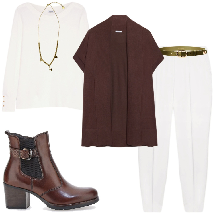 Outfit donna - Bianco autunnale. Stile Sporty chic per Serata fuori. Abbinamento con cinture, ciondoli, cardigans, stivaletti, maglieria, pantaloni.