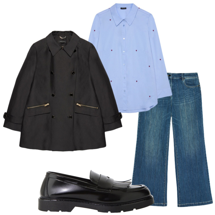 Outfit donna - Giornata piovosa. Stile Casual chic per Ufficio. Abbinamento con mocassini, camicie, jeans dritti, trench.