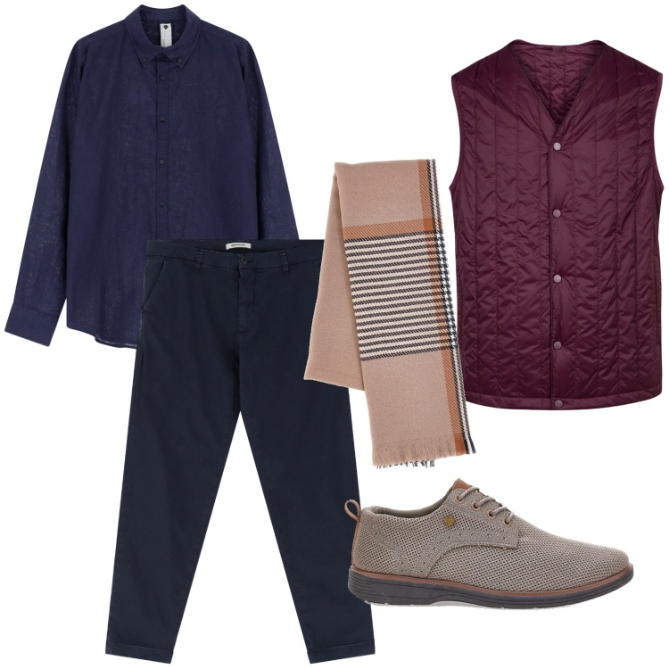 Outfit uomo - Gilet wine. Stile Casual per Ufficio. Abbinamento con pantaloni chino, camicie, scarpe stringate, sciarpe, piumini.