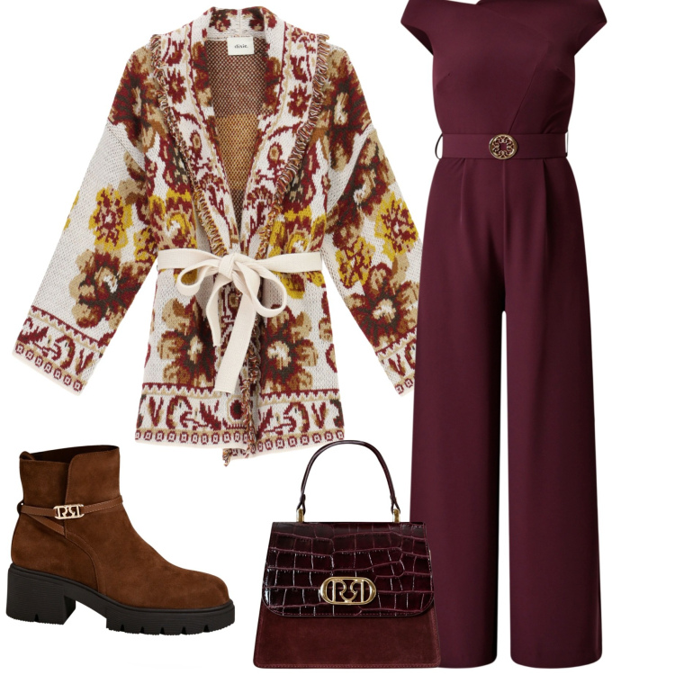 Outfit donna - Serata fuori. Stile Casual chic per Serata fuori. Abbinamento con tute, stivaletti, borse a mano, cardigans.