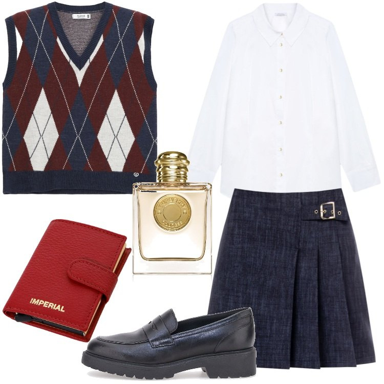 Outfit donna - Outfit per la scuola a settembre. Stile Preppy per Scuola/Università. Abbinamento con profumi, minigonne, gilet, portafogli, mocassini, camicie.