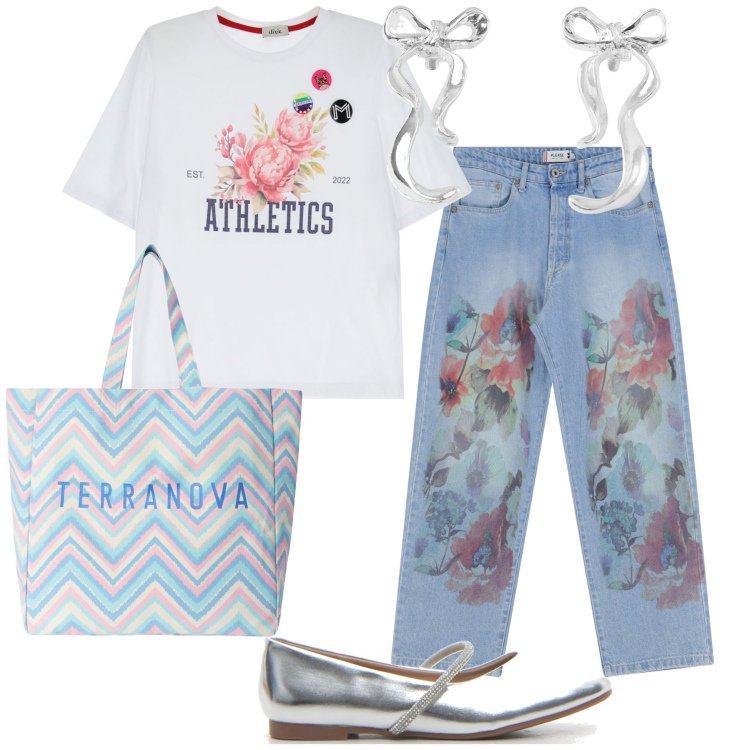 Outfit donna - Pennellate romantiche. Stile Sporty chic per Tutti i giorni. Abbinamento con orecchini, borse tote, jeans dritti, t-shirt, ballerine.