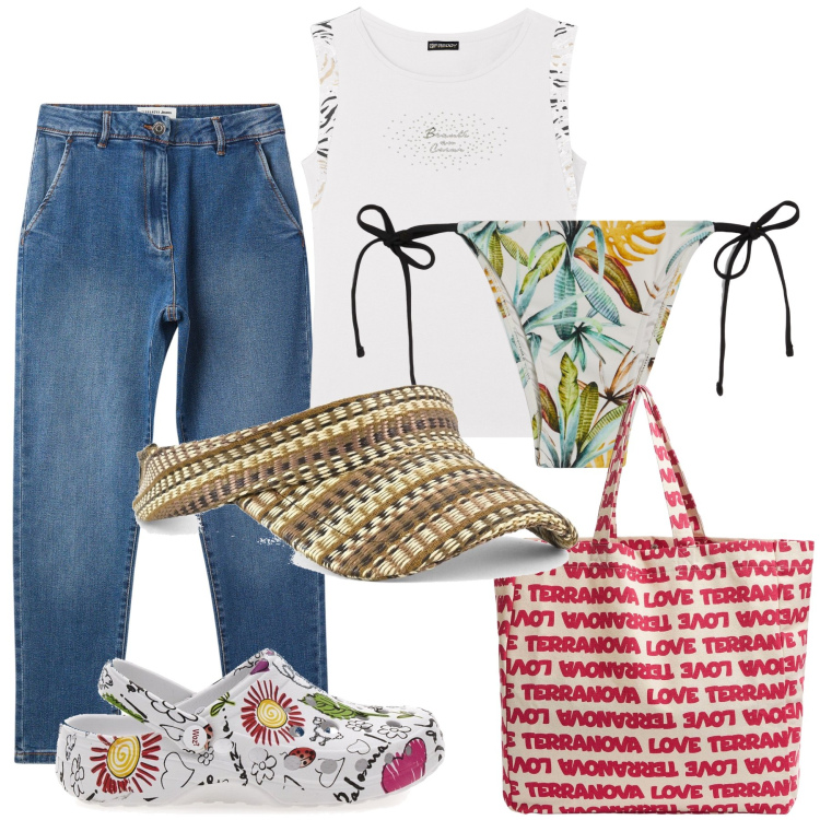 Outfit donna - Jeans e tshirt per il mare d autunno. Stile Casual per Mare. Abbinamento con jeans skinny, borse tote, bikini, t-shirt, cappelli con visiera, zoccoli.