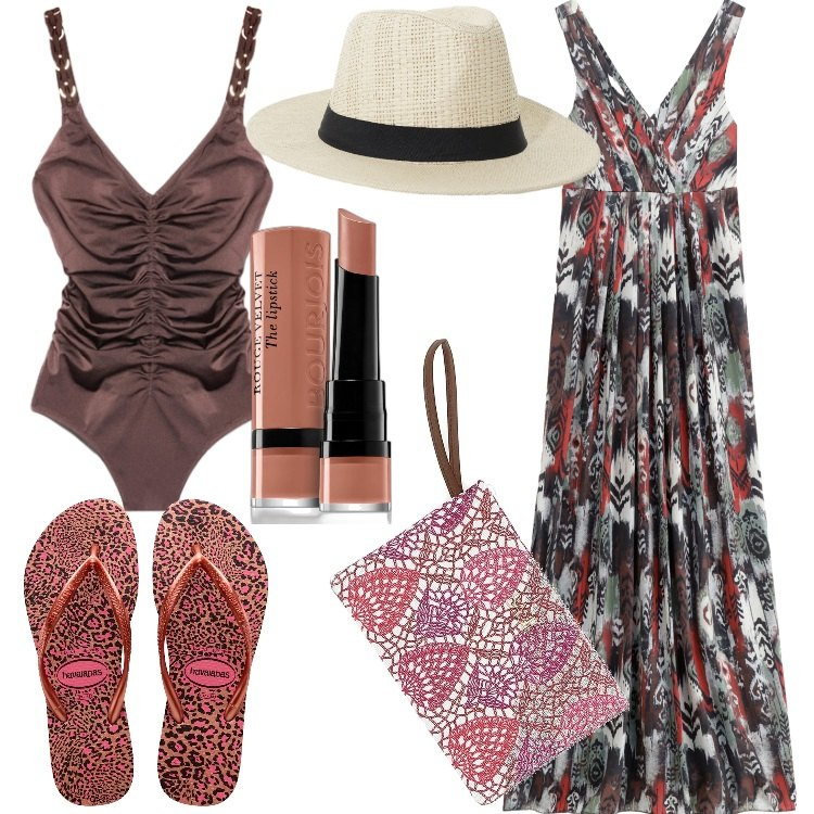 Outfit donna - Ferie al mare a settembre. Stile Etnico per Mare. Abbinamento con rossetti, vestiti lunghi, cappelli, costumi interi, infradito, pochette.