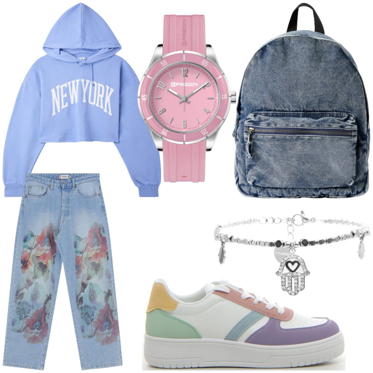 Outfit donna - Nuovo inizio. Stile Casual per Scuola/Università. Abbinamento con zaini, felpe con cappuccio, jeans dritti, braccialetti, orologi, sneakers.