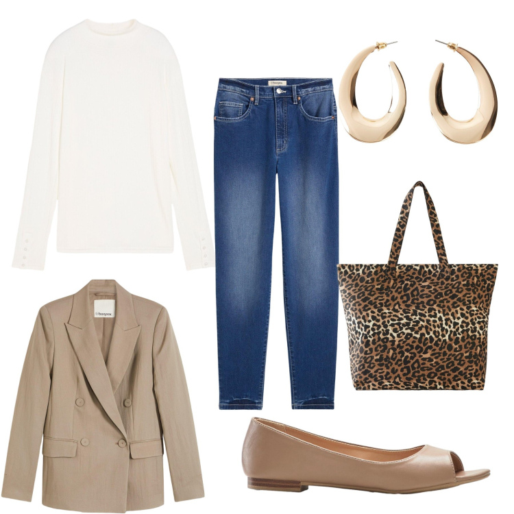 Outfit donna - In ufficio. Stile Casual per Tutti i giorni. Abbinamento con blazer, jeans mom, shopping bag, maglieria, orecchini, ballerine.