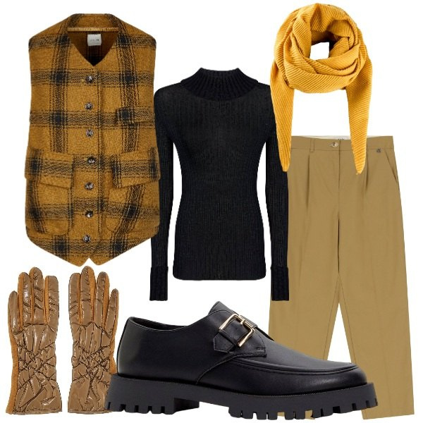 Outfit donna - British. Stile Mannish per Tutti i giorni. Abbinamento con gilet, maglieria, pantaloni, guanti, foulard, mocassini.
