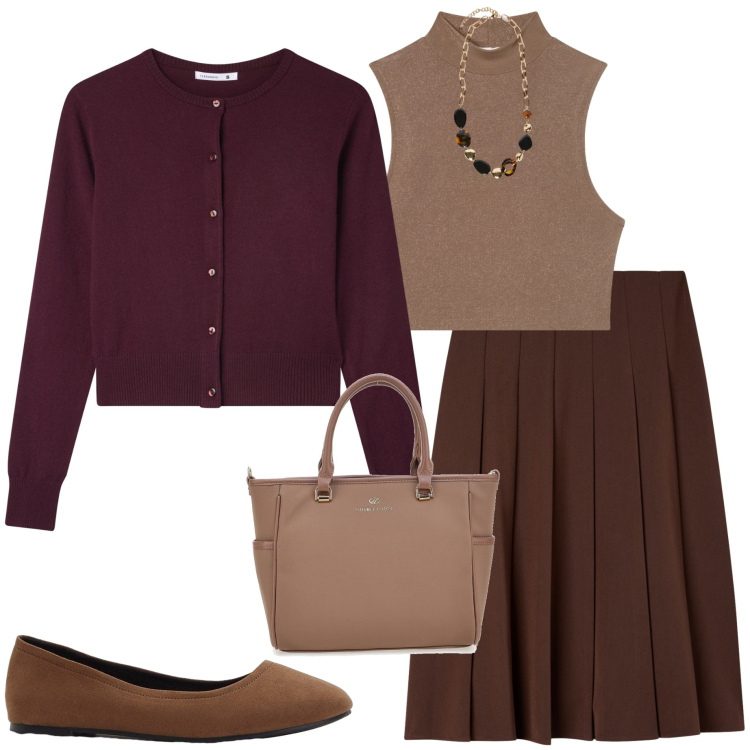Outfit donna - Mocha mousse. Stile Bon Ton per Ufficio. Abbinamento con ballerine, gonne lunghe, canottiere, cardigans, borse a tracolla, collane.