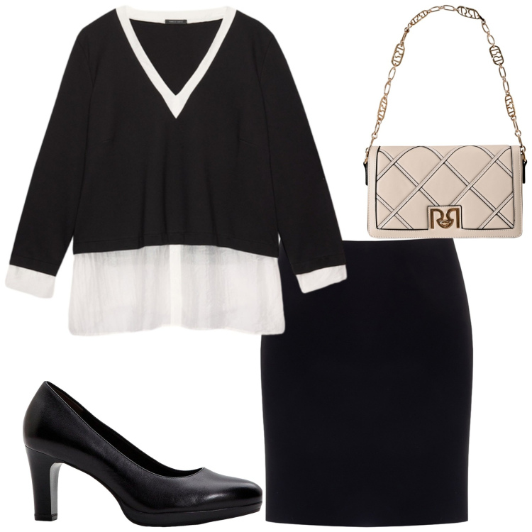 Outfit donna - Total black. Stile Minimal per Ufficio. Abbinamento con décolleté, borse a tracolla, minigonne, camicie.