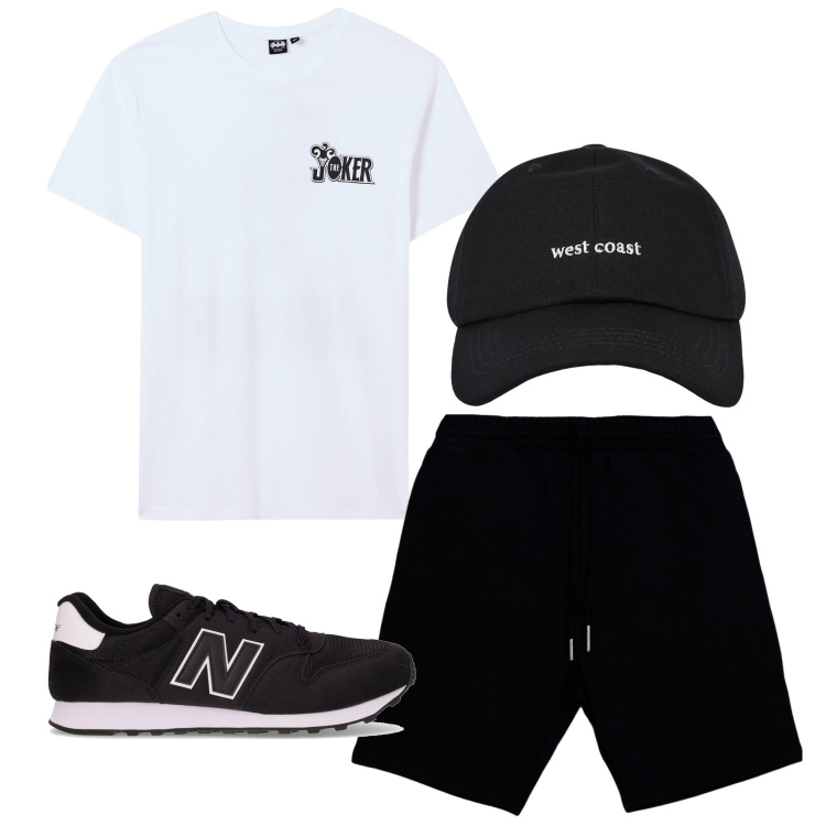 Outfit uomo - Bianco e nero. Stile Trendy per Tutti i giorni. Abbinamento con t-shirt, cappelli con visiera, pantaloni corti, sneakers.
