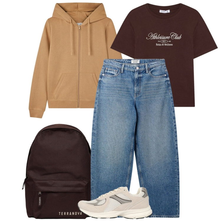 Outfit donna - Outfit per la scuola a settembre. Stile Casual per Scuola/Università. Abbinamento con felpe con cappuccio, zaini, t-shirt, sneakers, jeans.