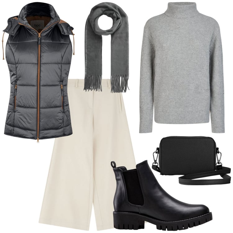 Outfit donna - Linee pulite e colori neutri. Stile Minimal per Tutti i giorni. Abbinamento con borse a tracolla, stivaletti chelsea, gilet, sciarpe, pantaloni a palazzo, maglieria.