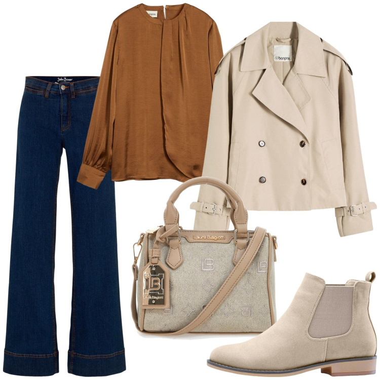 Outfit donna - Total look #2240878. Stile Casual chic per Tutti i giorni. Abbinamento con bluse, jeans, stivaletti chelsea, trench, borse a tracolla.
