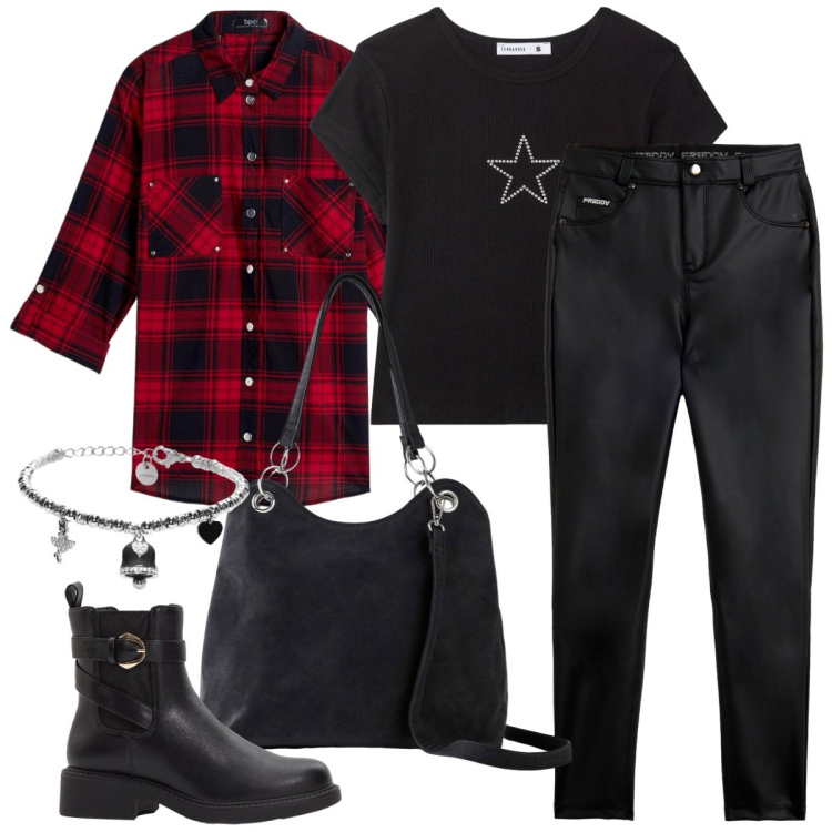 Outfit donna - Il ritorno del tartan-la camicia a quadr. Stile Rock per Serata fuori. Abbinamento con camicie, stivaletti chelsea, borse a mano, t-shirt, pantaloni skinny, braccialetti.