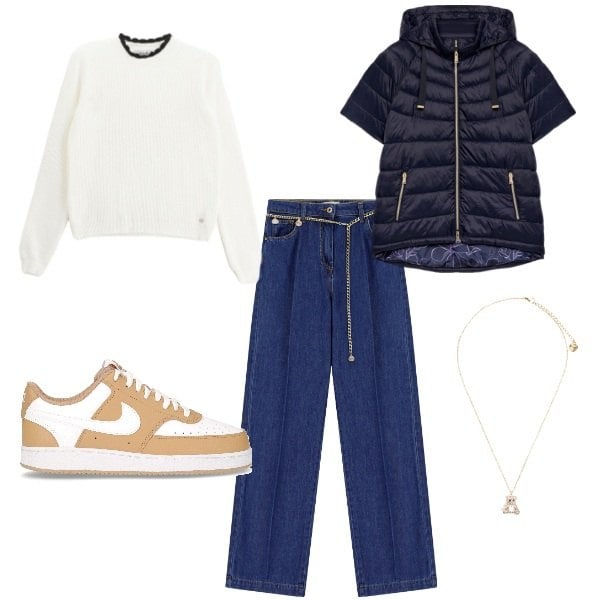 Outfit donna - ufficio. Stile Basic per Ufficio. Abbinamento con jeans, pullovers, ciondoli, piumini, sneakers.