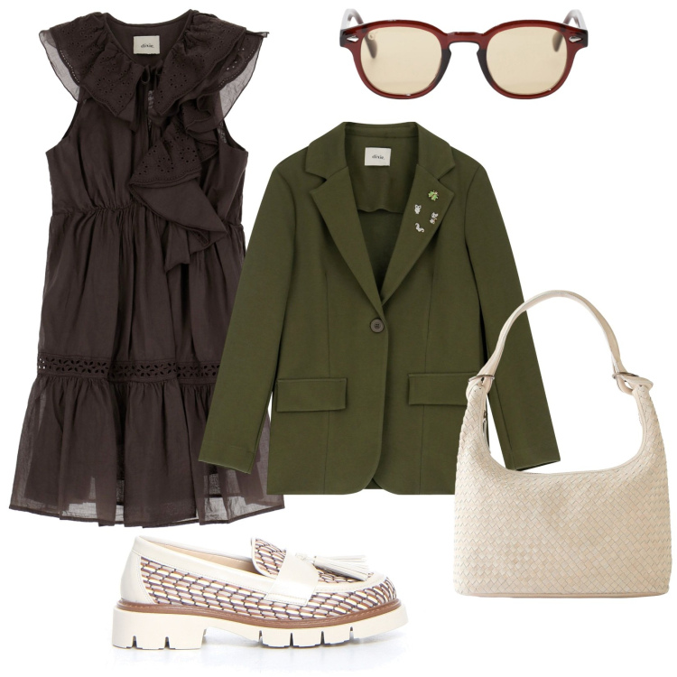 Outfit donna - Colori della terra. Stile Casual per Tutti i giorni. Abbinamento con shopping bag, occhiali da sole, vestiti corti, blazer, mocassini.