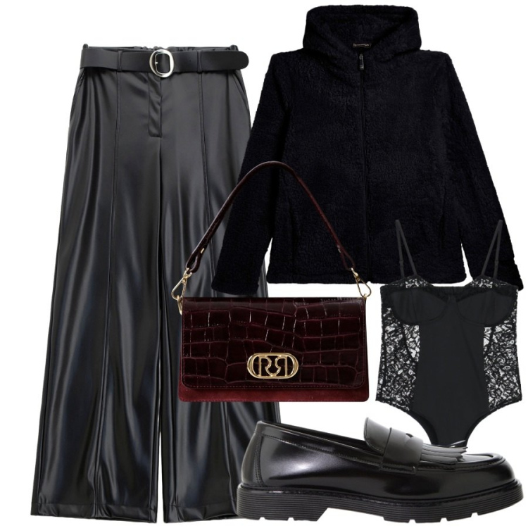 Outfit donna - pantalone a palazzo estroso. Stile Trendy per Serata fuori. Abbinamento con borse a mano, pantaloni, body, mocassini, felpe con cappuccio.