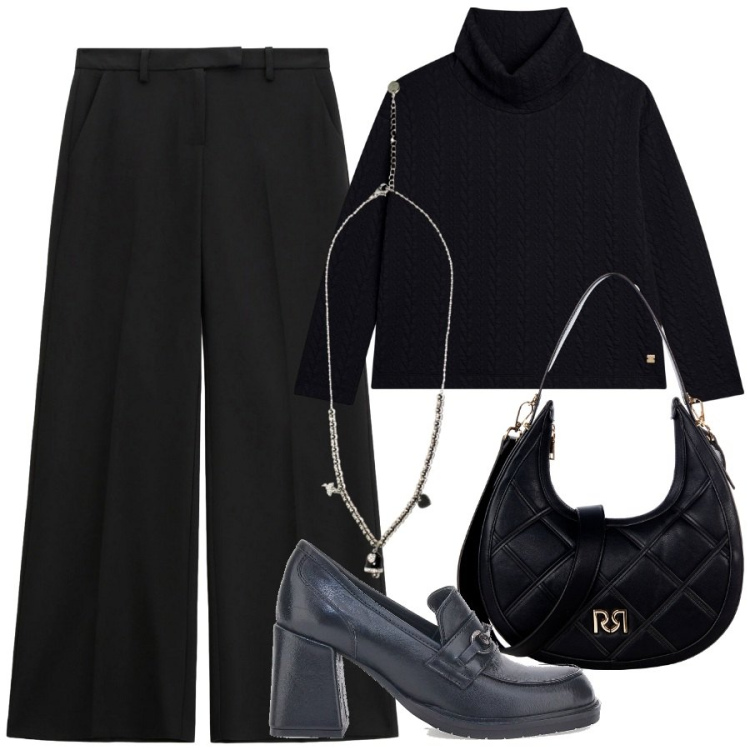Outfit donna - Rientro in black. Stile Trendy per Tutti i giorni. Abbinamento con borse a tracolla, pantaloni, ciondoli, maglieria, mocassini.