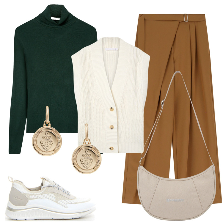 Outfit donna - Minimal chic autunnale. Stile Chic per Tutti i giorni. Abbinamento con maglieria, gilet, pantaloni a palazzo, borse a spalla, orecchini, sneakers.