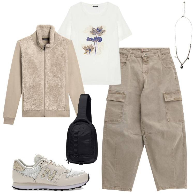 Outfit donna - Transitional season. Stile Casual per Tutti i giorni. Abbinamento con borse sportive, pantaloni chino, felpe, ciondoli, sneakers, t-shirt.