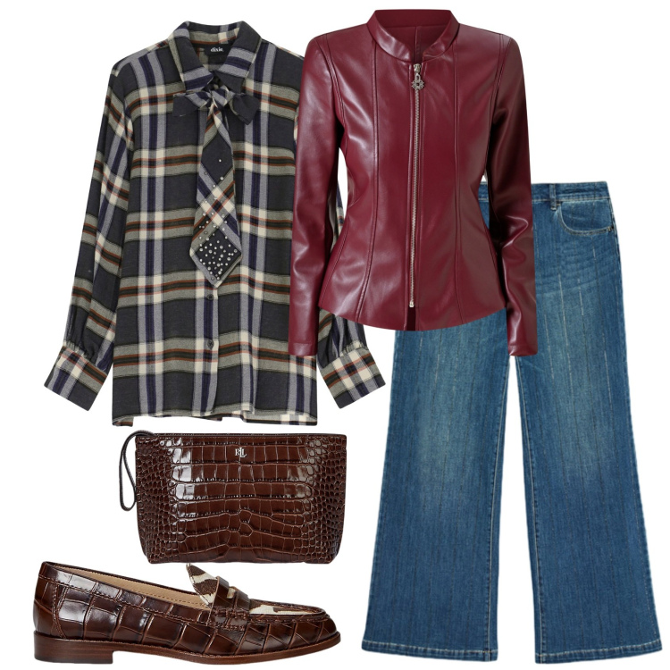 Outfit donna - Il ritorno del tartan. Stile Casual chic per Tutti i giorni. Abbinamento con blazer, camicie, pochette, mocassini, jeans dritti.