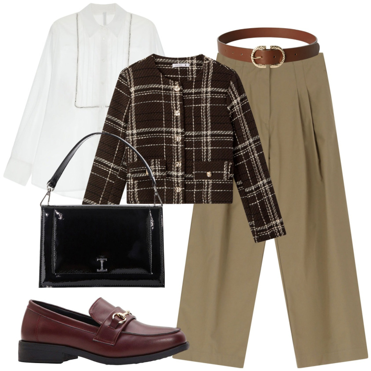 Outfit donna - Il ritorno del tartan. Stile Mannish per Tutti i giorni. Abbinamento con mocassini, blazer, cinture, pantaloni, borse a tracolla, camicie.