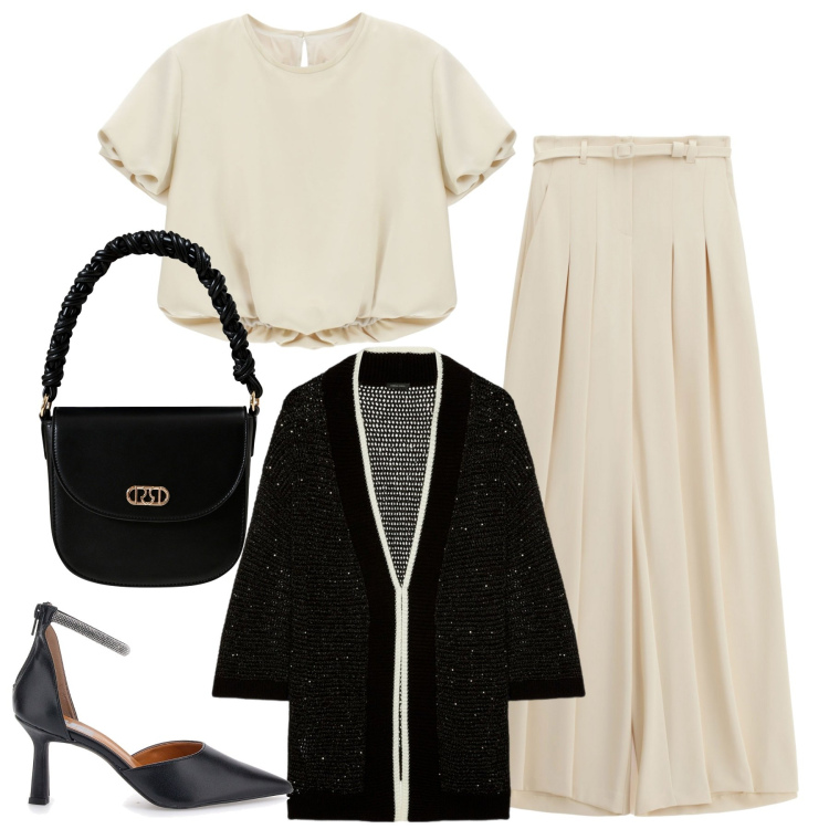 Outfit donna - Imperial White. Stile Urban per Tutti i giorni. Abbinamento con borse a mano, pantaloni a palazzo, camicie a manica corta, cardigans, décolleté.