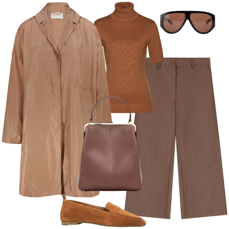 Outfit donna - Minimal chic autunnale. Stile Chic per Tutti i giorni. Abbinamento con maglieria, mocassini, pantaloni, occhiali da sole, borse a spalla, trench.