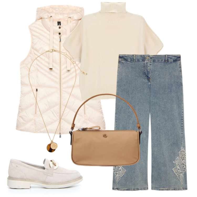 Outfit donna - Minimal chic autunnale. Stile Casual chic per Tutti i giorni. Abbinamento con maglieria, collane, pochette, piumini, mocassini, jeans.