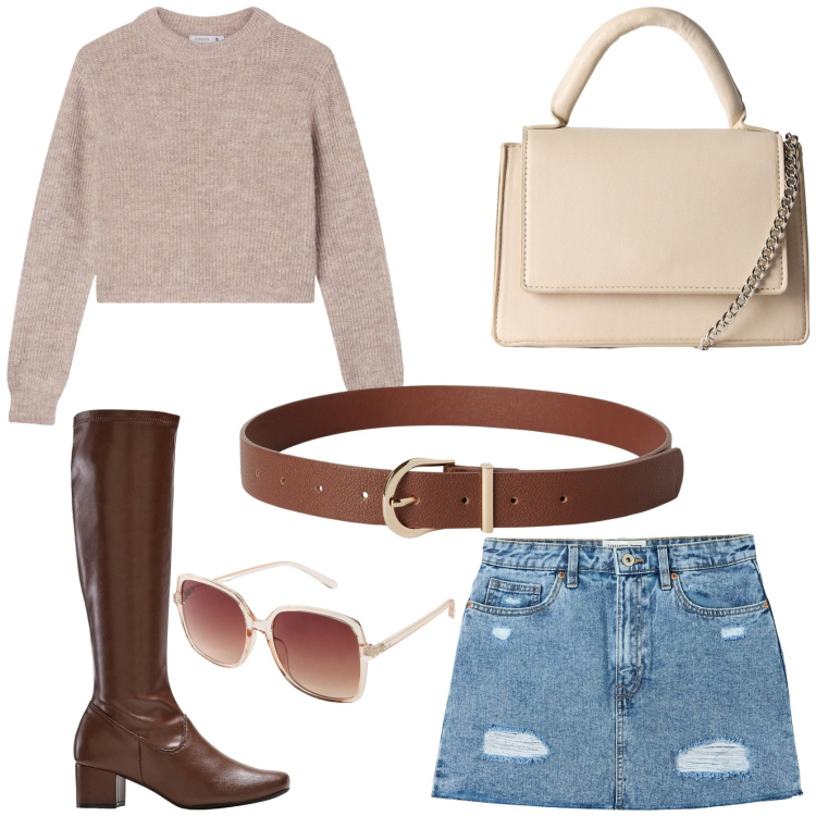 Outfit donna - Urban grunge. Stile Urban per Tutti i giorni. Abbinamento con stivali, occhiali da sole, maglieria, minigonne, borse a tracolla, cinture.