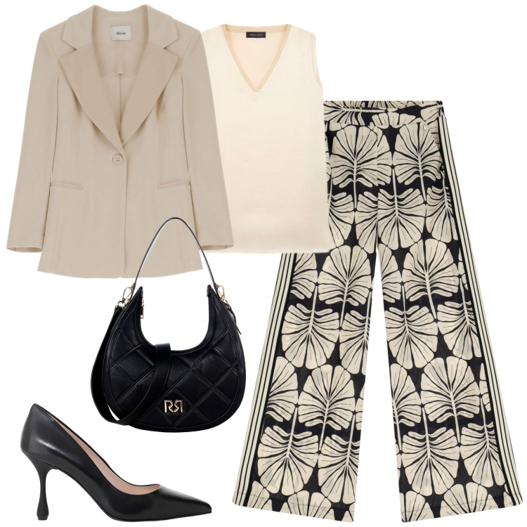 Outfit donna - Blazer season. Stile Urban per Tutti i giorni. Abbinamento con borse a tracolla, pantaloni a palazzo, décolleté, blazer, top.