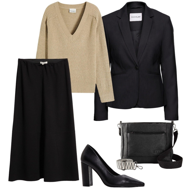 Outfit donna - In ufficio. Stile Casual per Ufficio. Abbinamento con gonne longuette, blazer, maglieria, borse a tracolla, décolleté.