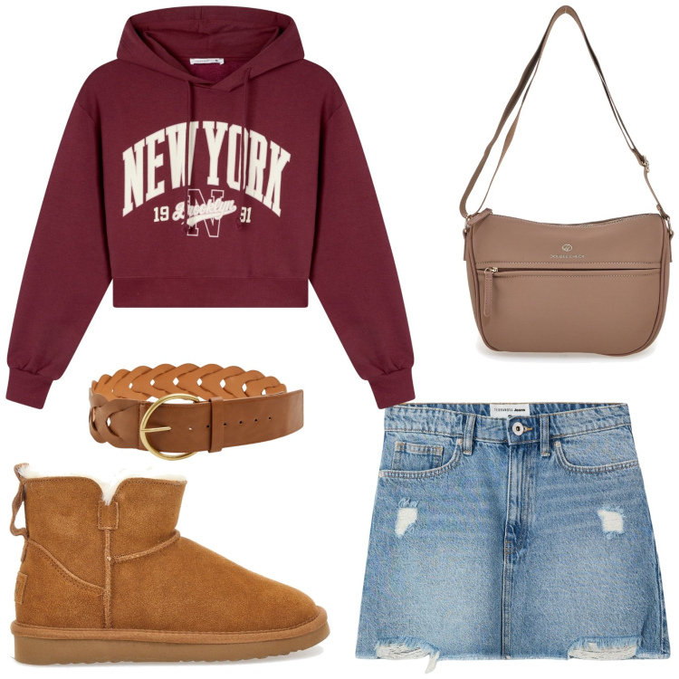 Outfit donna - Young. Stile Urban per Tutti i giorni. Abbinamento con minigonne, cinture, felpe con cappuccio, borse a tracolla, stivaletti.