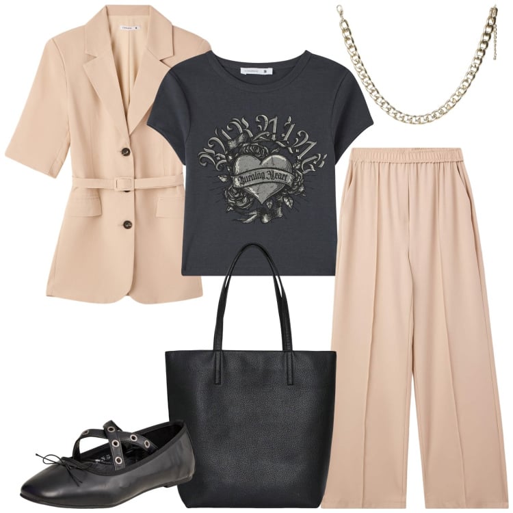 Outfit donna - Ufficio-serata con Terranova. Stile Casual chic per Ufficio. Abbinamento con t-shirt, ballerine, borse tote, collane, pantaloni, blazer.